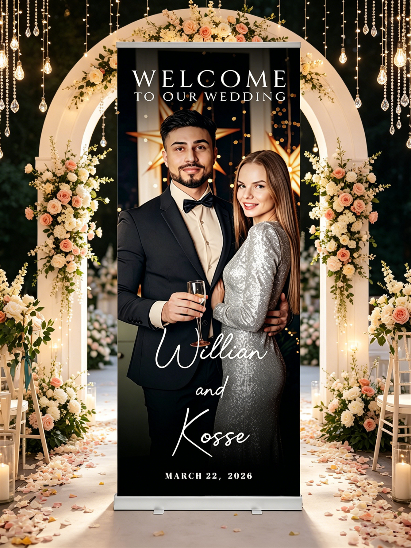 Customized wedding retractable banners - personalized photo wedding welcome signs, reception decorations and background curtains